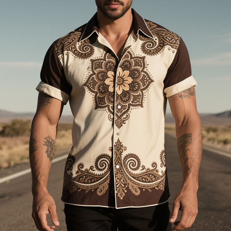 Men's Vintage Casual Perris Print Lapel Short Sleeve Shirt MTA2986E3TO