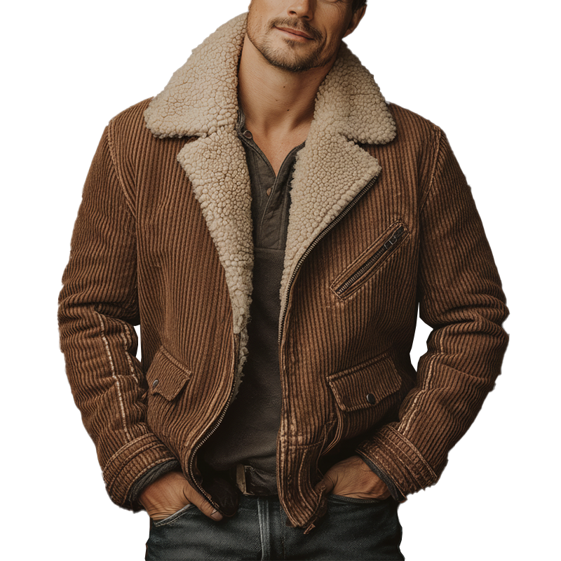 Men's Winter Fashion Washed Corduroy Polar Fleece Lined Cropped Jacket MTA2506I1P