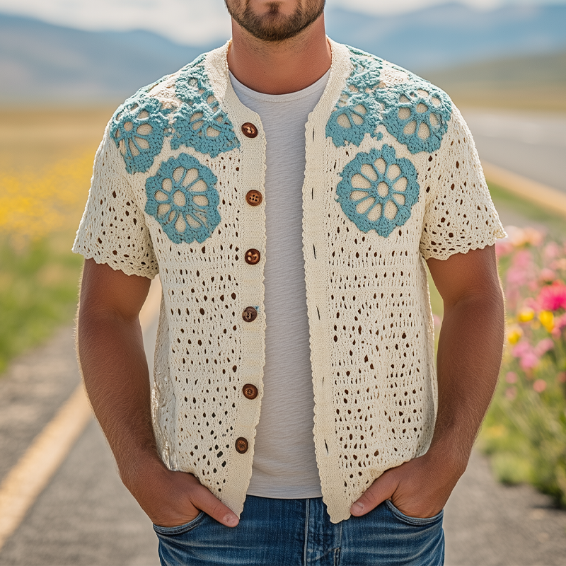 Men's Summer Fashion Casual Hollow Crochet Flower Knitted Short Sleeve Shirt MTA2768F3K
