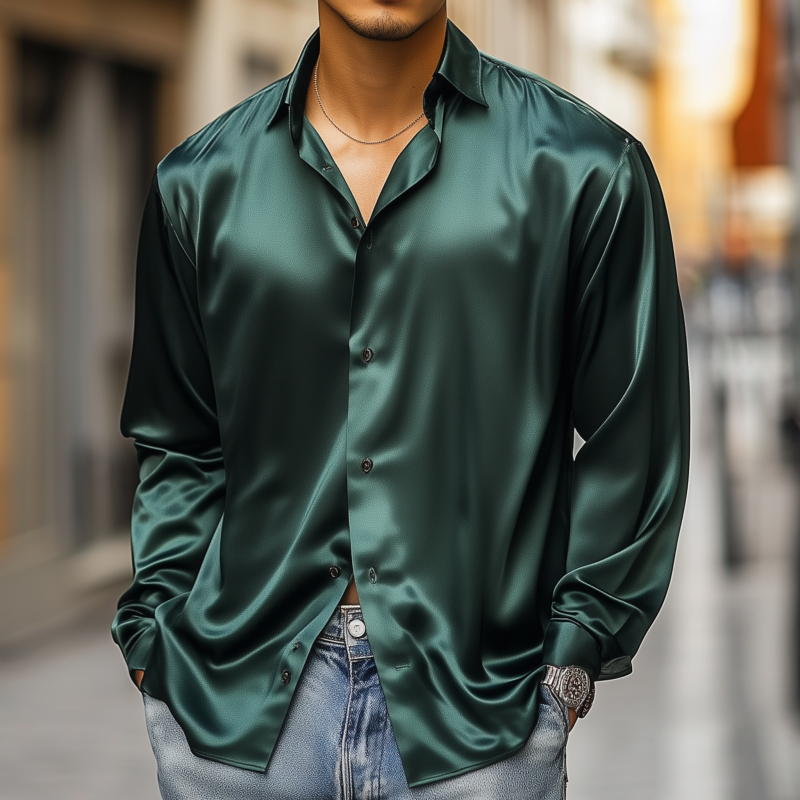 Men's Vintage Elegant Solid Color Breathable Satin Lapel Loose Long Sleeve Shirt MTA1648F0M