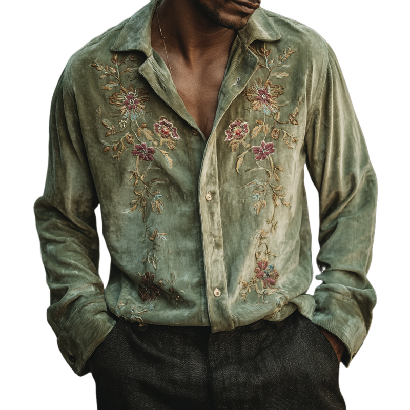 Men's Floral Embroidered Corduroy Lapel Long Sleeve Shirt MTA2712H0Z