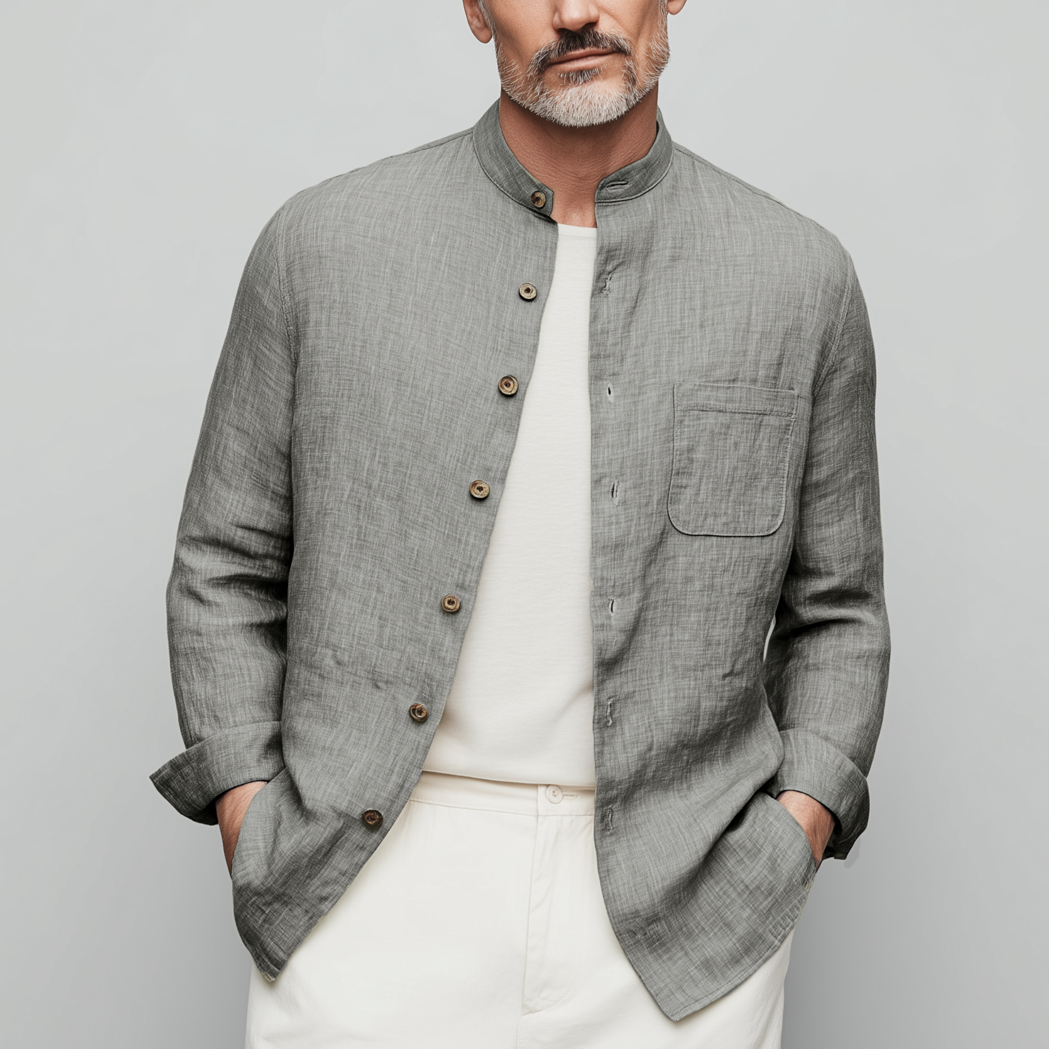 Men's Classic Casual Stand-up Collar Cotton And Linen Wooden Button Long-sleeved Shirt MTA2536G6K