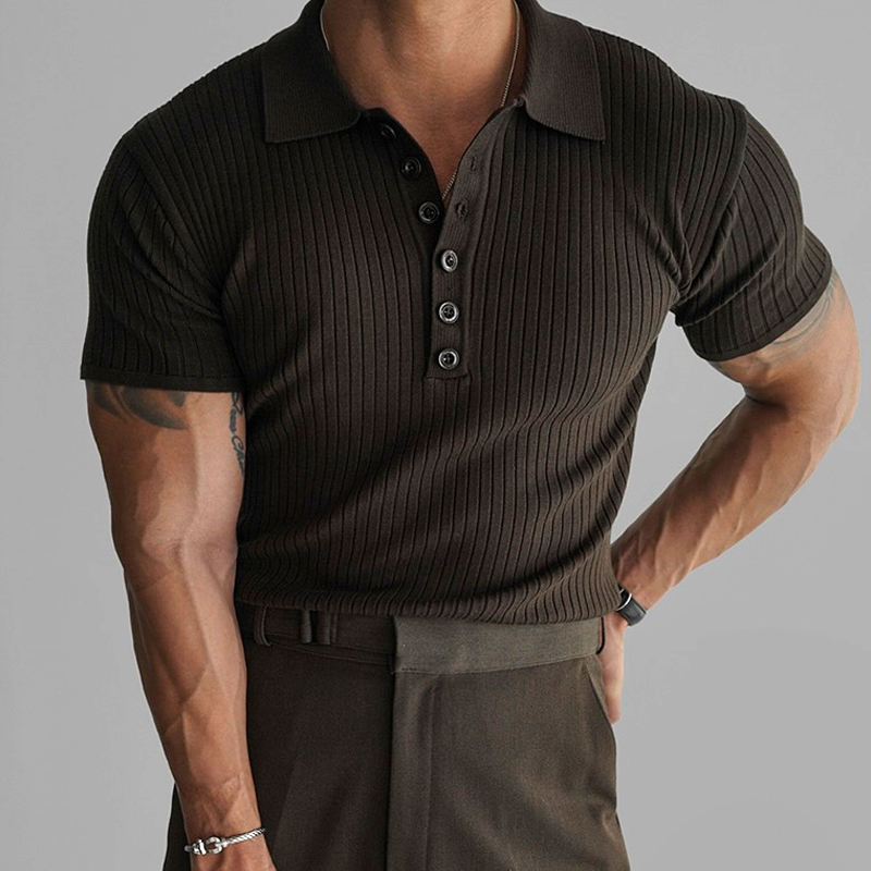 Men's Solid Knit Striped Lapel Short Sleeve Polo Shirt MTA1606E1Z