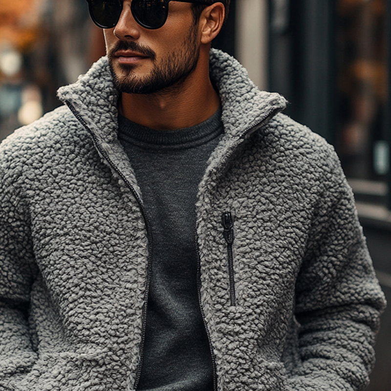 Men's Solid Color Fleece Stand Collar Zip-up Jacket MTA2659K5X