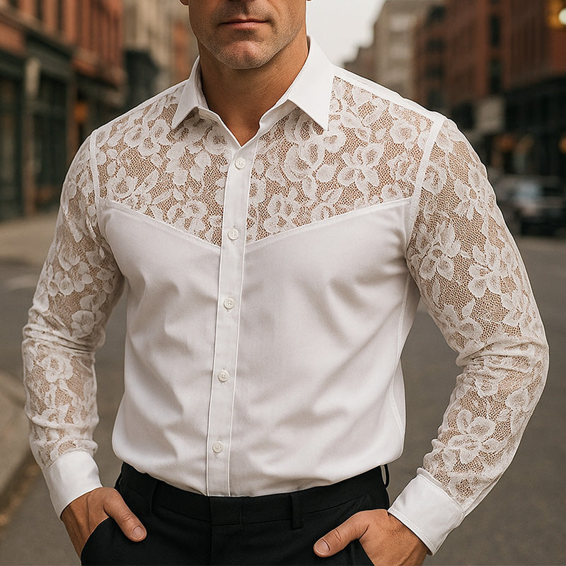 Men's Summer Elegant Simple Lace Patchwork Long Sleeve Shirt MTA2361E9P