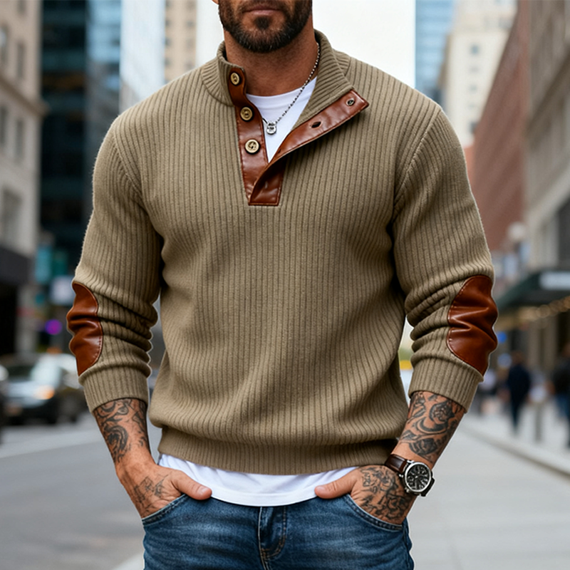 Men's Knitted PU Stand-up Collar Half-high Collar Sweater MTA2533J0X