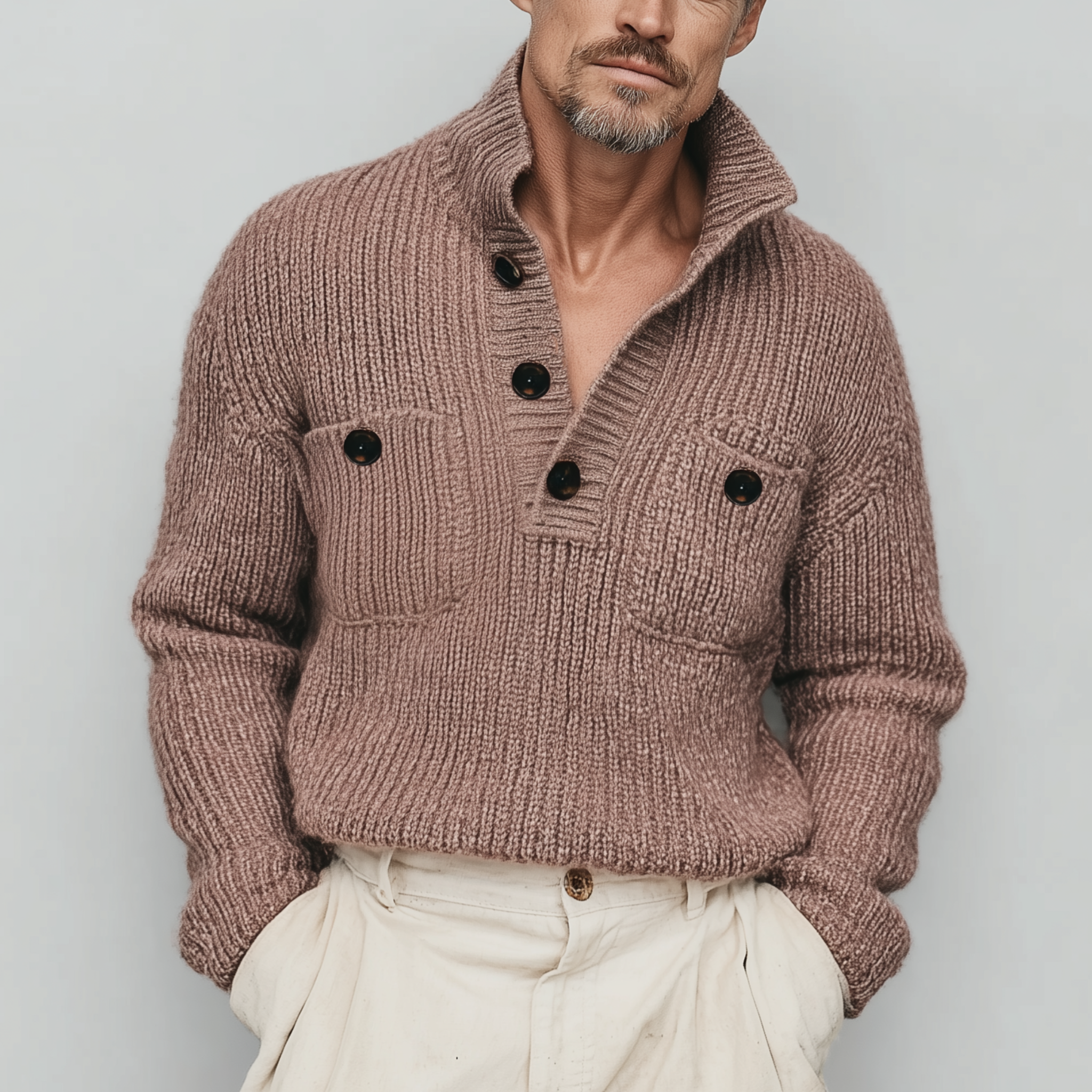 Men's Classic Casual Pink Stand Collar Double Pocket Loose Sweater MTA2824I0K