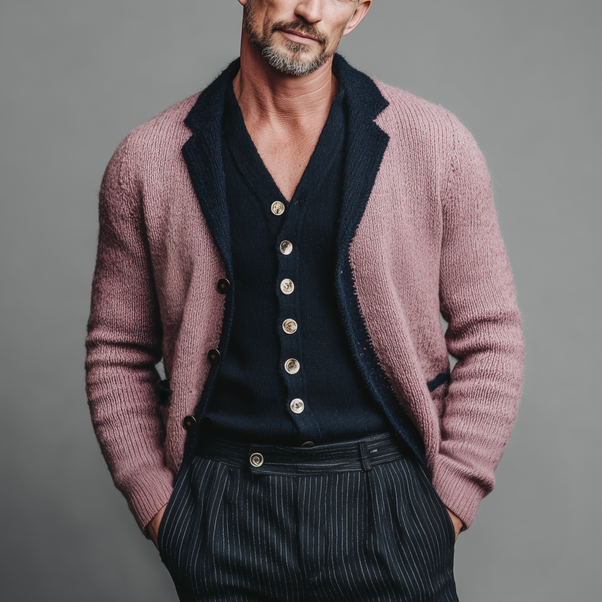 Men's Classic Casual Lapel Pink And Navy Blue Knitted Cardigan MTA2618I0K