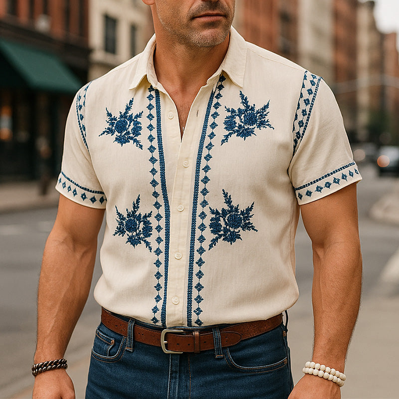 Men's Summer Western Cowboy Style Embroidered Thin Linen Short-Sleeved Shirt MTA2334E7P