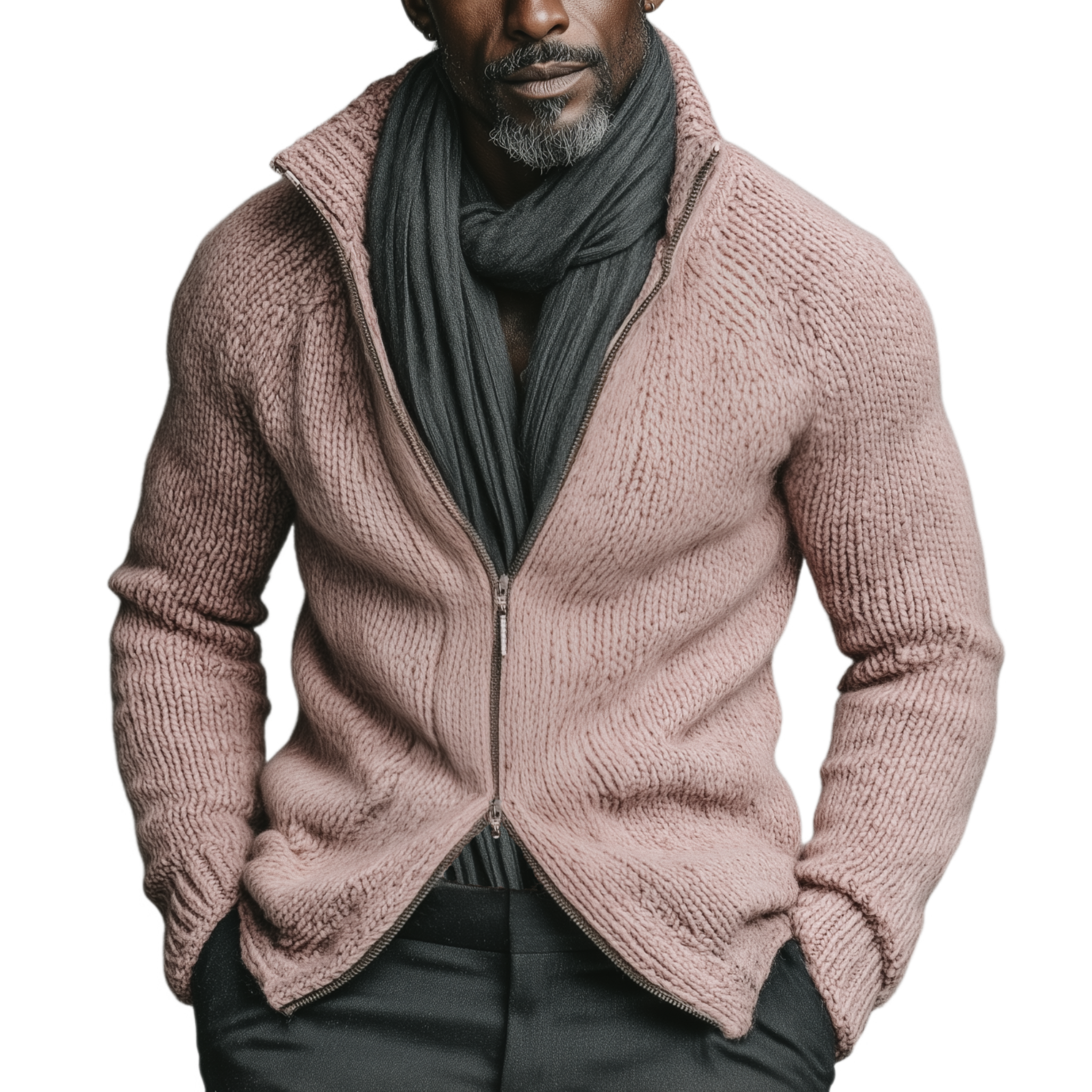 Men's Classic Casual Stand-up Collar Pink Zipper Slim Fit Knitted Cardigan MTA1880I6K