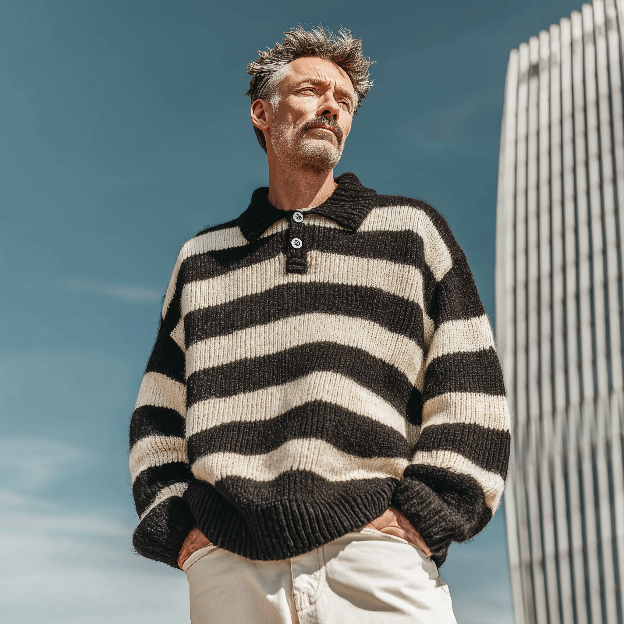 Men's Autumn Fashion Striped Cotton Knitted Polo Neck Loose Sweater MTA1703I2P