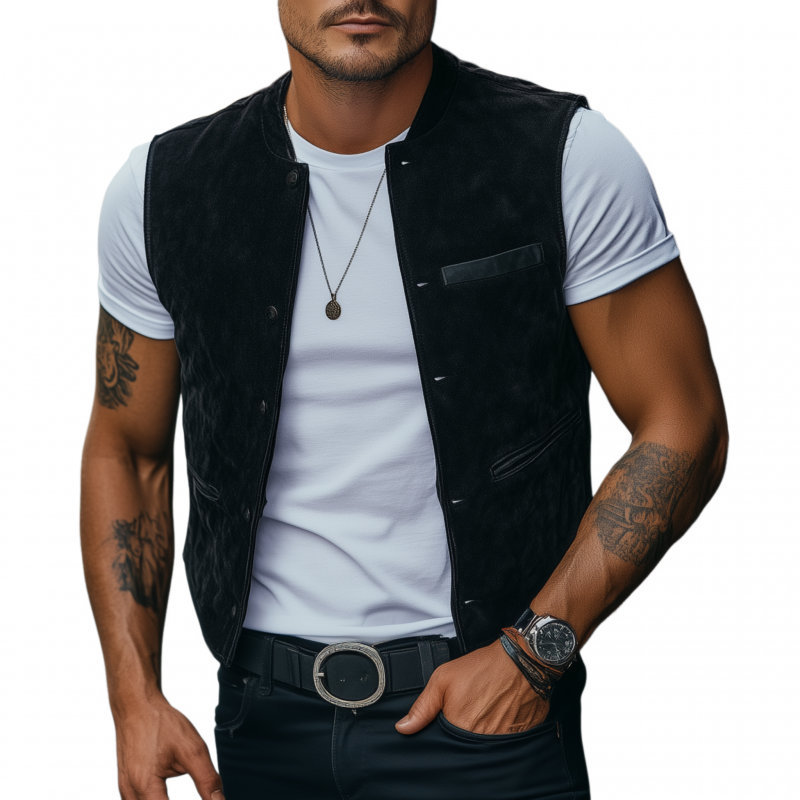 Men's Vintage Elegant Faux Suede Stand Collar Single Breasted Slim Fit Suit Vest MTA2419G8M