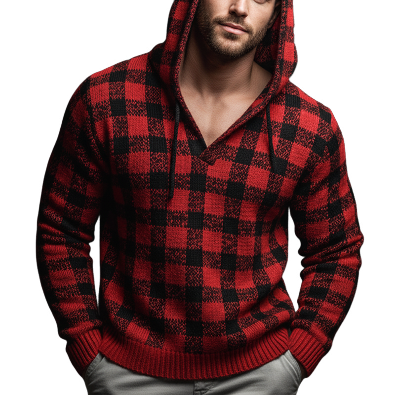 Men's Classic Red And Black Plaid Casual Knit Hoodie MTA2887J1U