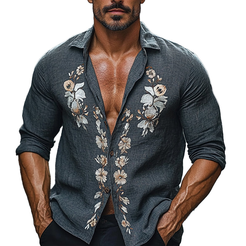 Men's Vintage Floral Embroidered Long Sleeve Shirt 76097783X