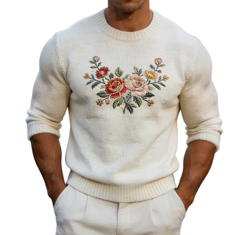 Men's Retro Casual Knitted Floral Embroidered Crew Neck Sweater MTA1571L6TO