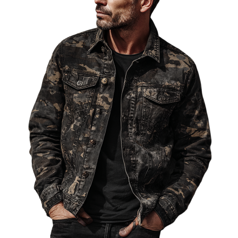 Men's Vintage Camouflage Print Lapel Multi-Pocket Jacket MTA1301H4X