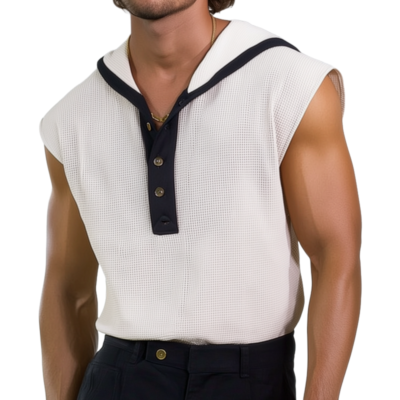 Men's Casual Breathable Waffle Colorblock Henley Collar Hooded Loose Tank Top MTA2421F0M