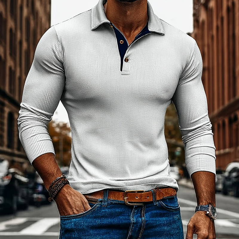 Men's Contrasting Color Slim Fit Knitted Striped Long-sleeved POLO Shirt MTA2246J1X