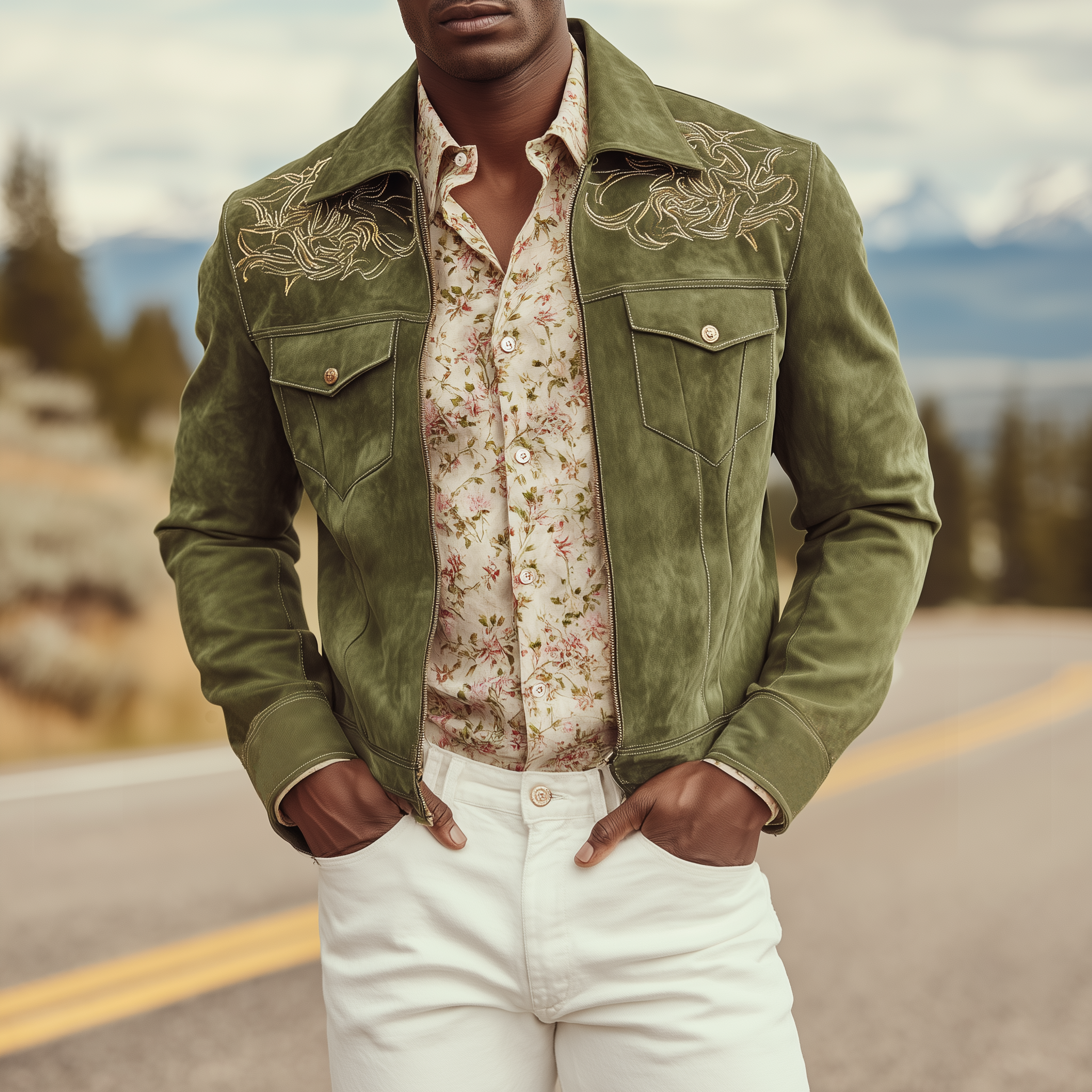 Men's Classic Casual Shoulder Embroidered Suede Lapel Zip-up Jacket MTA2714H9K