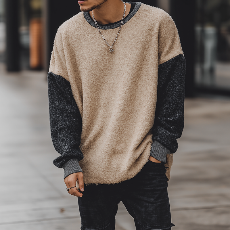 Men's Retro Casual Plush Stitching Street Style Crew Neck Sweatshirt MTA2905H2TO