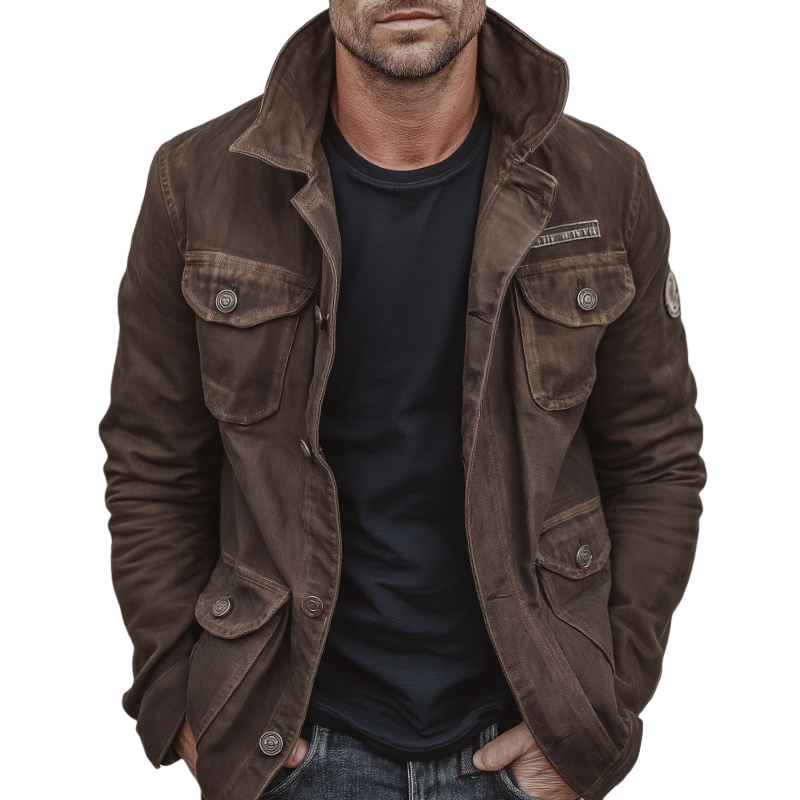 Men's Vintage Casual Cotton Washed Distressed Multi-Pocket Button Jacket MTA1076I4TO