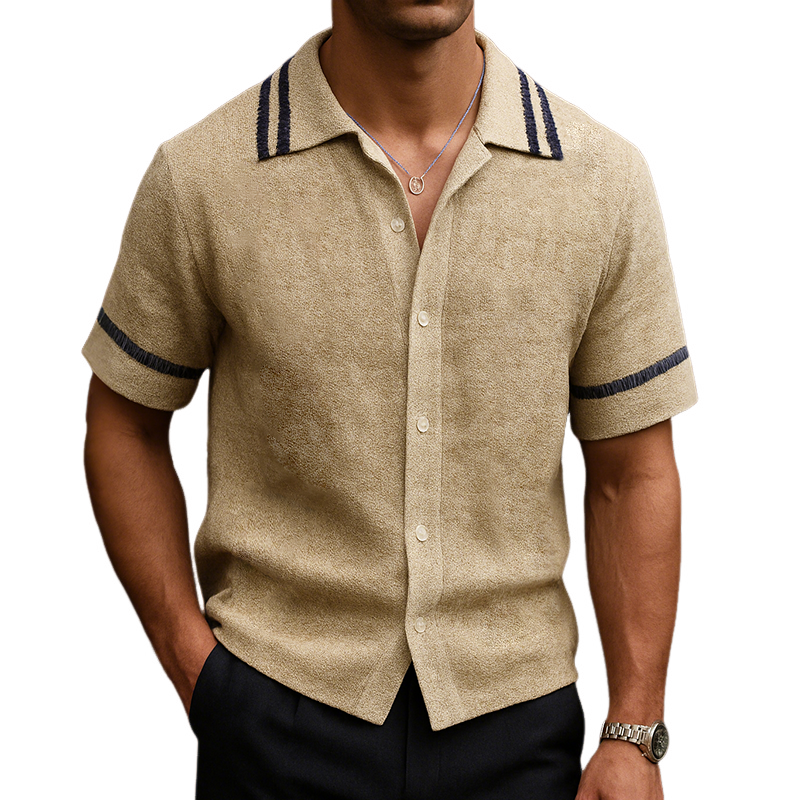 Men's Retro Casual Suede Striped Print Lapel Short Sleeve Shirt MTA2289G8TO