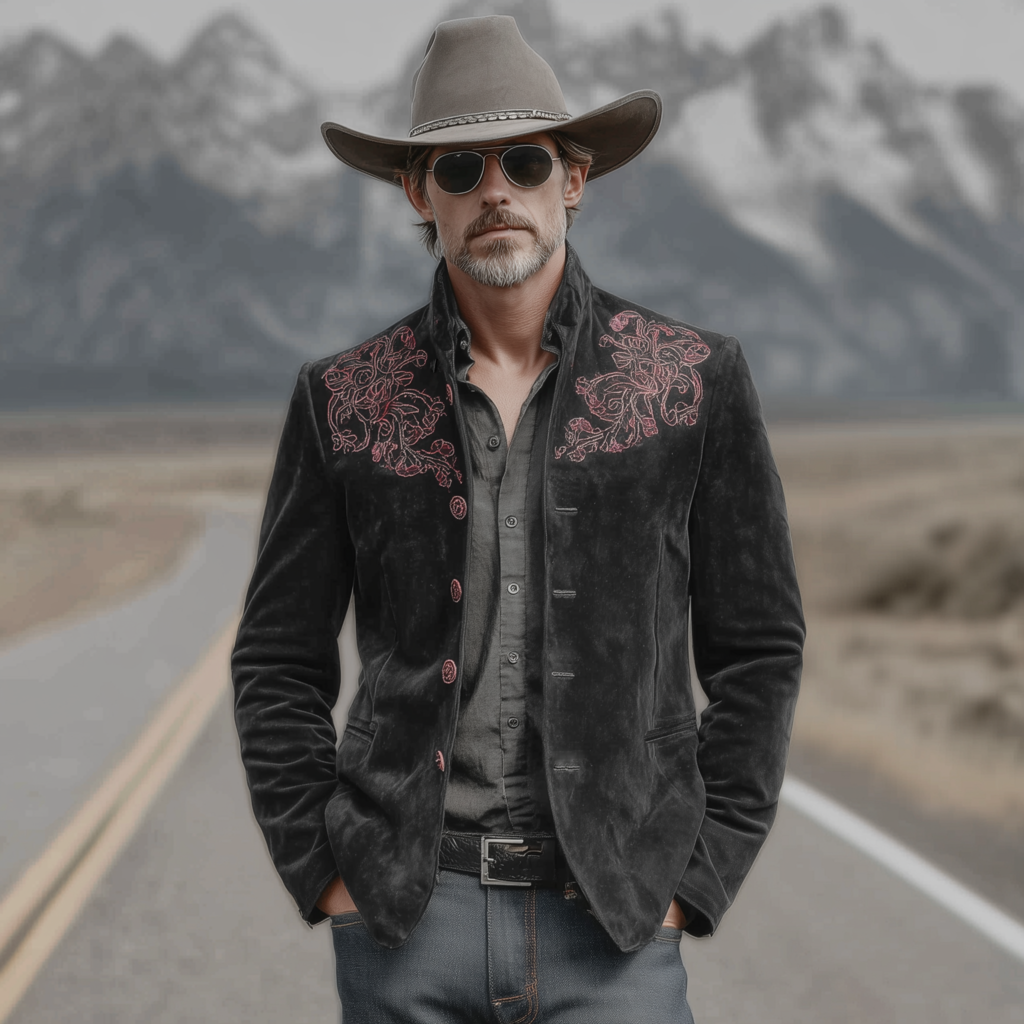 Men's Classic Retro Western Style Stand-up Collar Embroidered Faux Suede Jacket MTA2740K9K