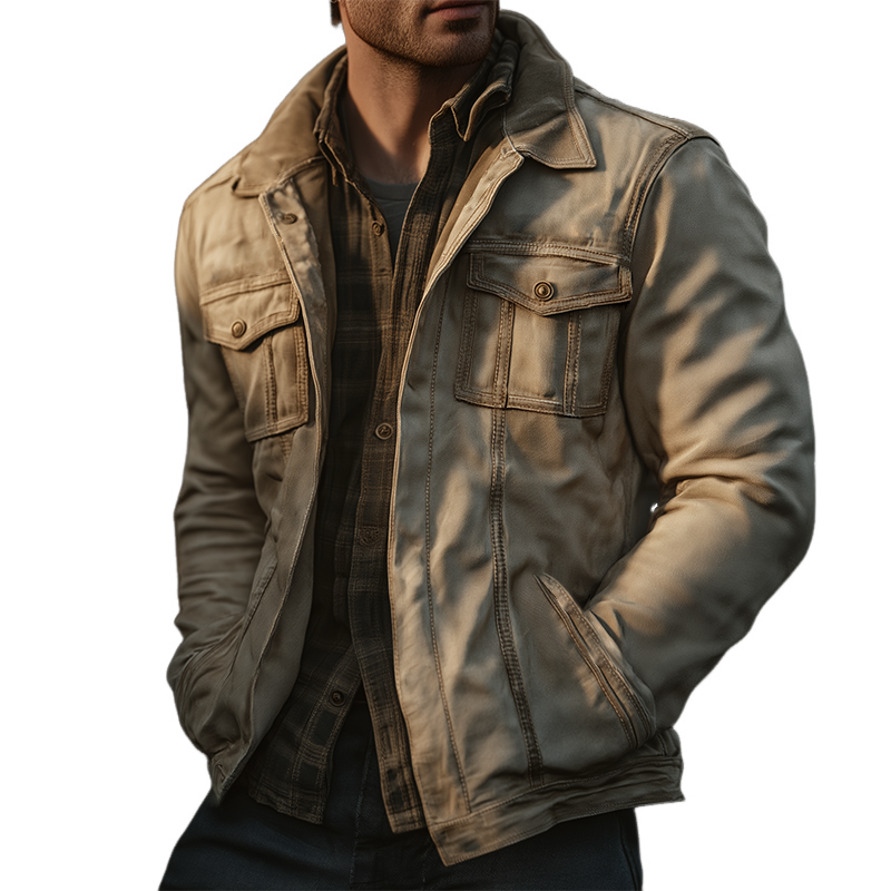 Men's Vintage Casual Western Style Cotton Washed Distressed Lapel Jacket MTA2832H5TO