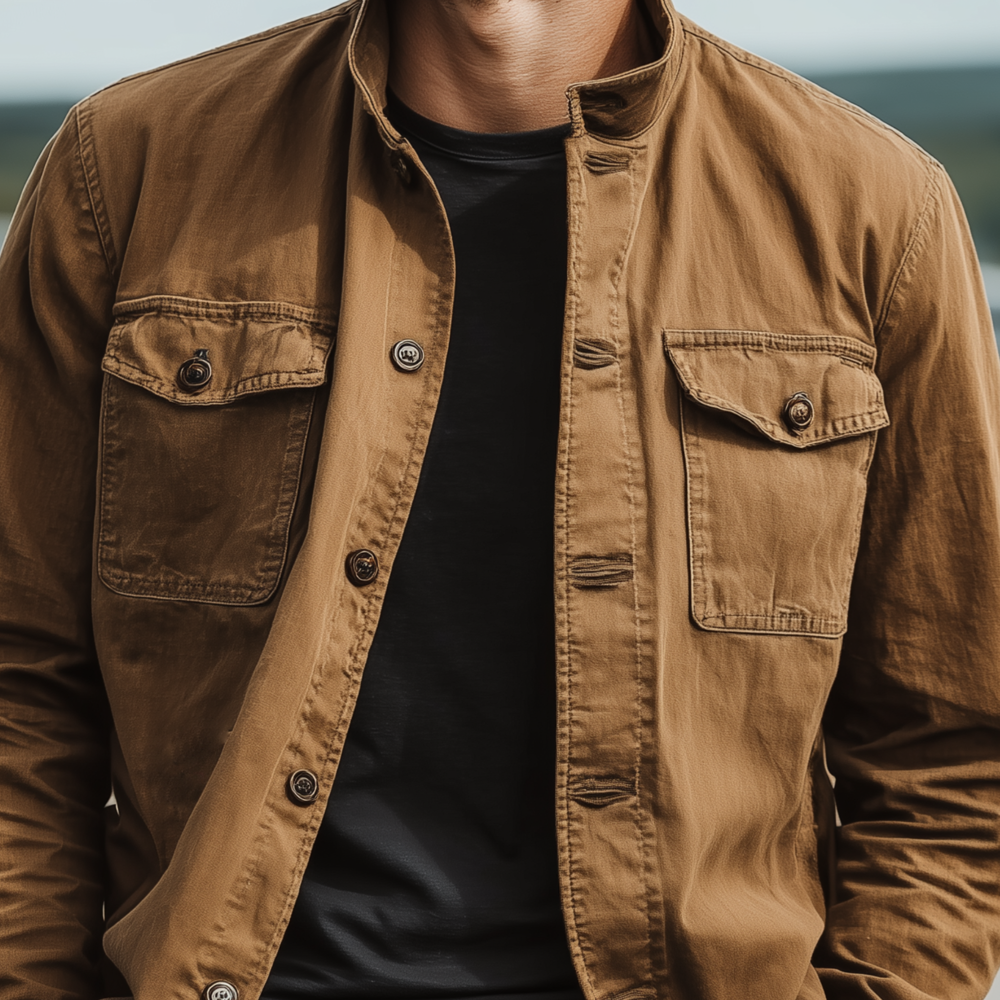 Men's Classic Casual Western Style Stand Collar Washed Twill Cotton Jacket MTA2904K2K