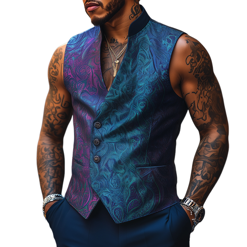 Men's Retro Casual Print Stand Collar Vest 94400572TO