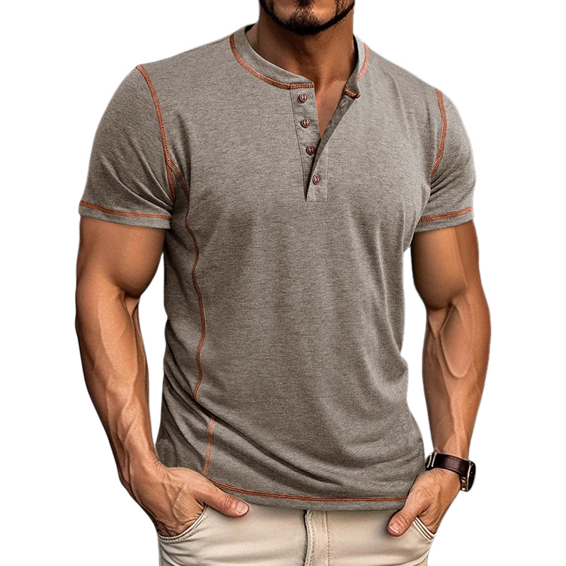 Men's Spring And Summer Fashion Casual Cotton Blended Henley Collar Slim Short Sleeve T-Shirt MTA3023F9K