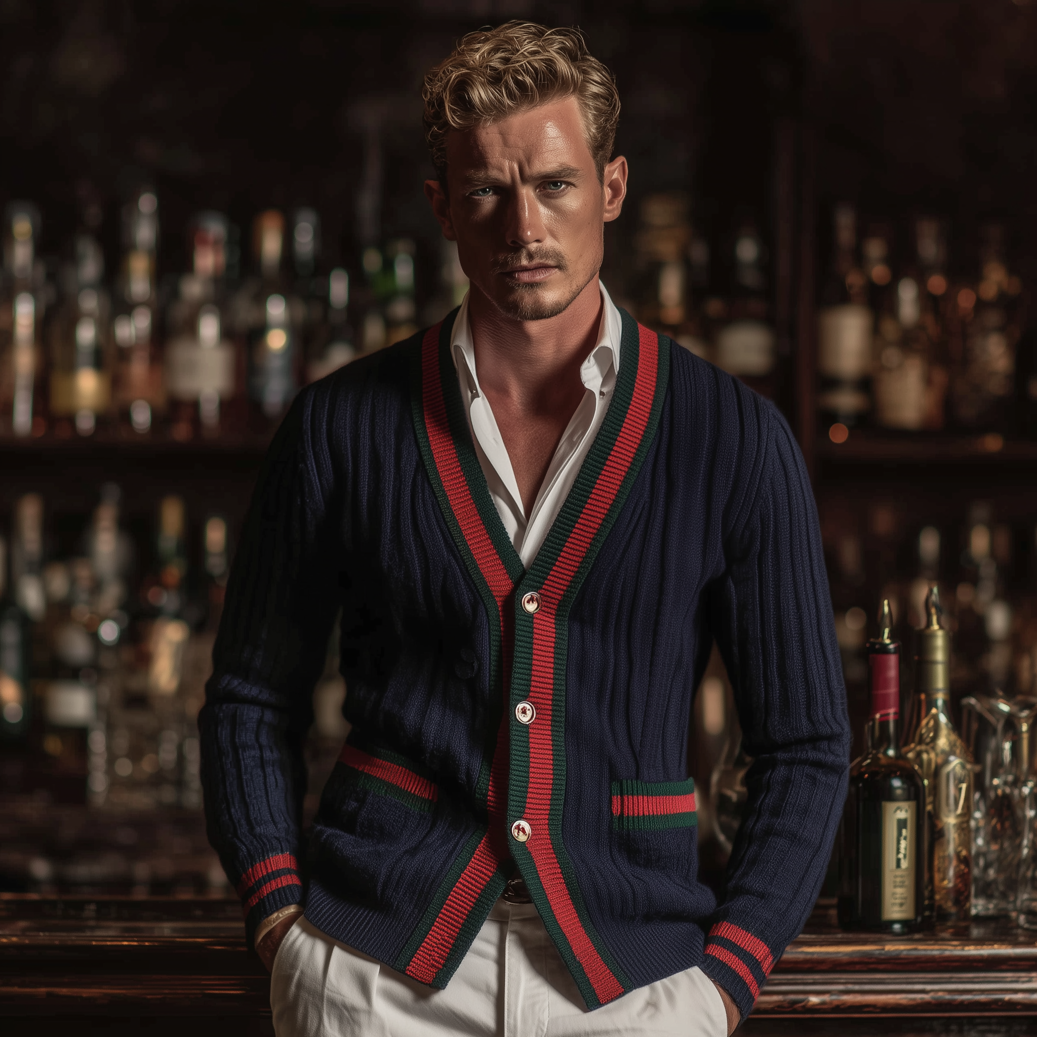 Men's Classic Casual Contrast Color Patchwork Pockets Slim Fit Knitted Cardigan MTA2954I8K