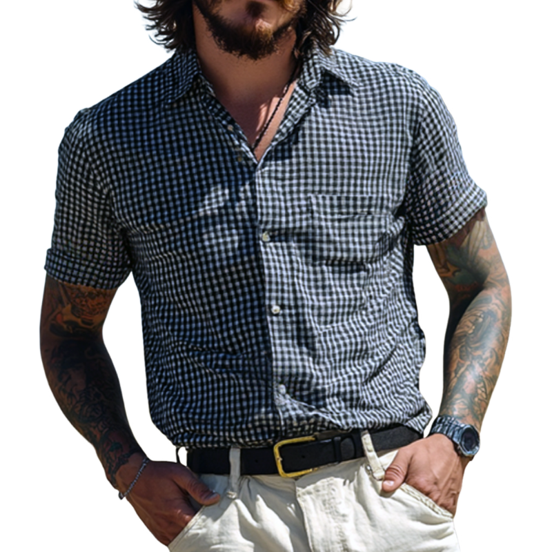 Men's Vintage Cotton Blend Plaid Lapel Patch Pocket Slim Fit Short Sleeve Shirt MTA0938D0M