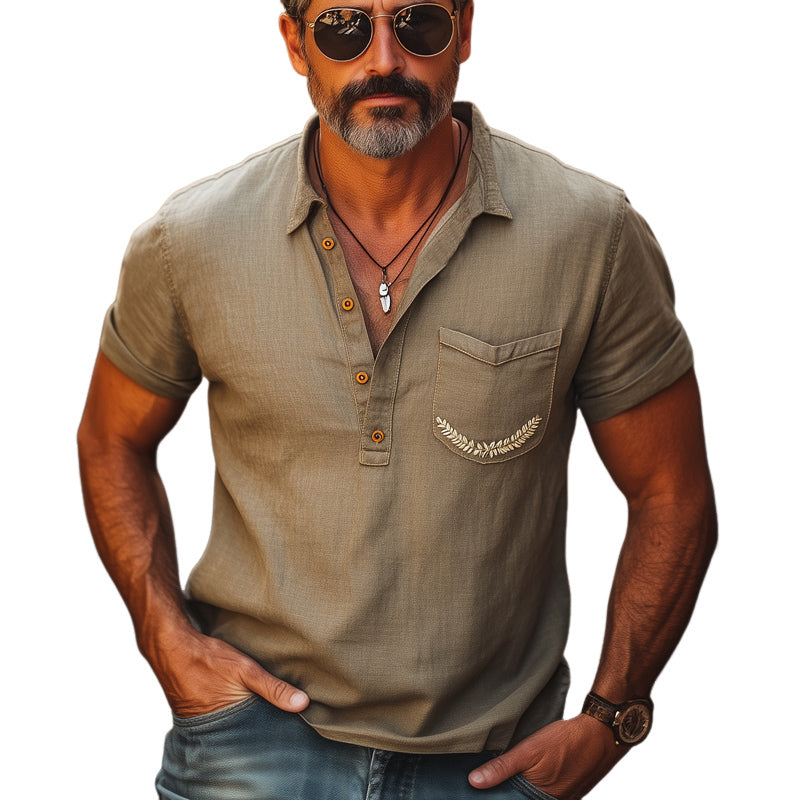 Men's Summer Comfortable Cotton And Linen Embroidered Polo Neck Short Sleeve T-Shirt MTA2892E0U