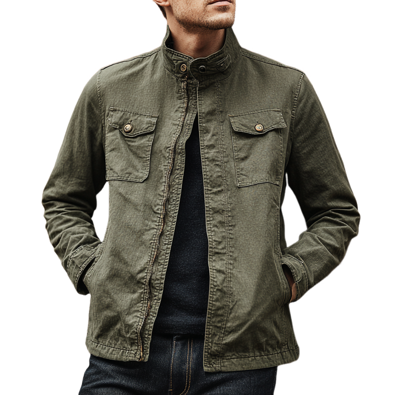 Men's Vintage Washed Stand Collar Zipper Denim Jacket MTA0854H8X