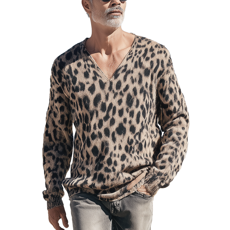Men's Vintage Leopard Print Cotton Knit Long Sleeve Sweater MTA1422H2P
