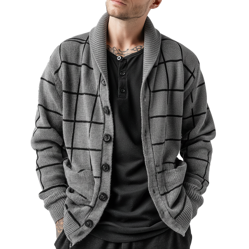 Men's Simple Plaid Cotton Knit Lapel Cardigan MTA1677J1P