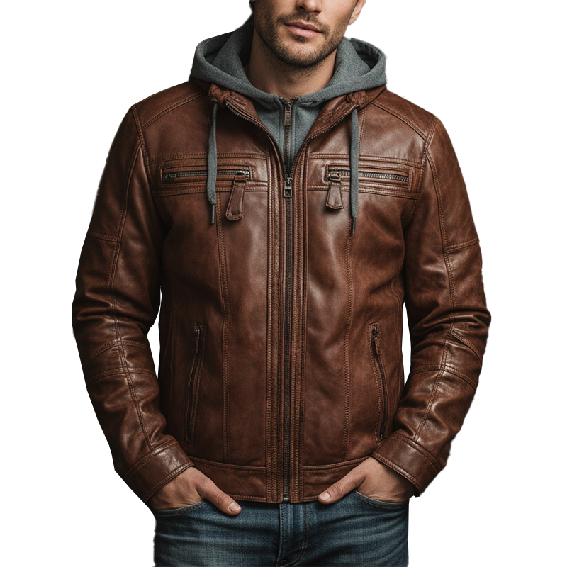 Men's Winter Fake Two-Piece Hooded Zipper Leather Jacket MTA1100J0P