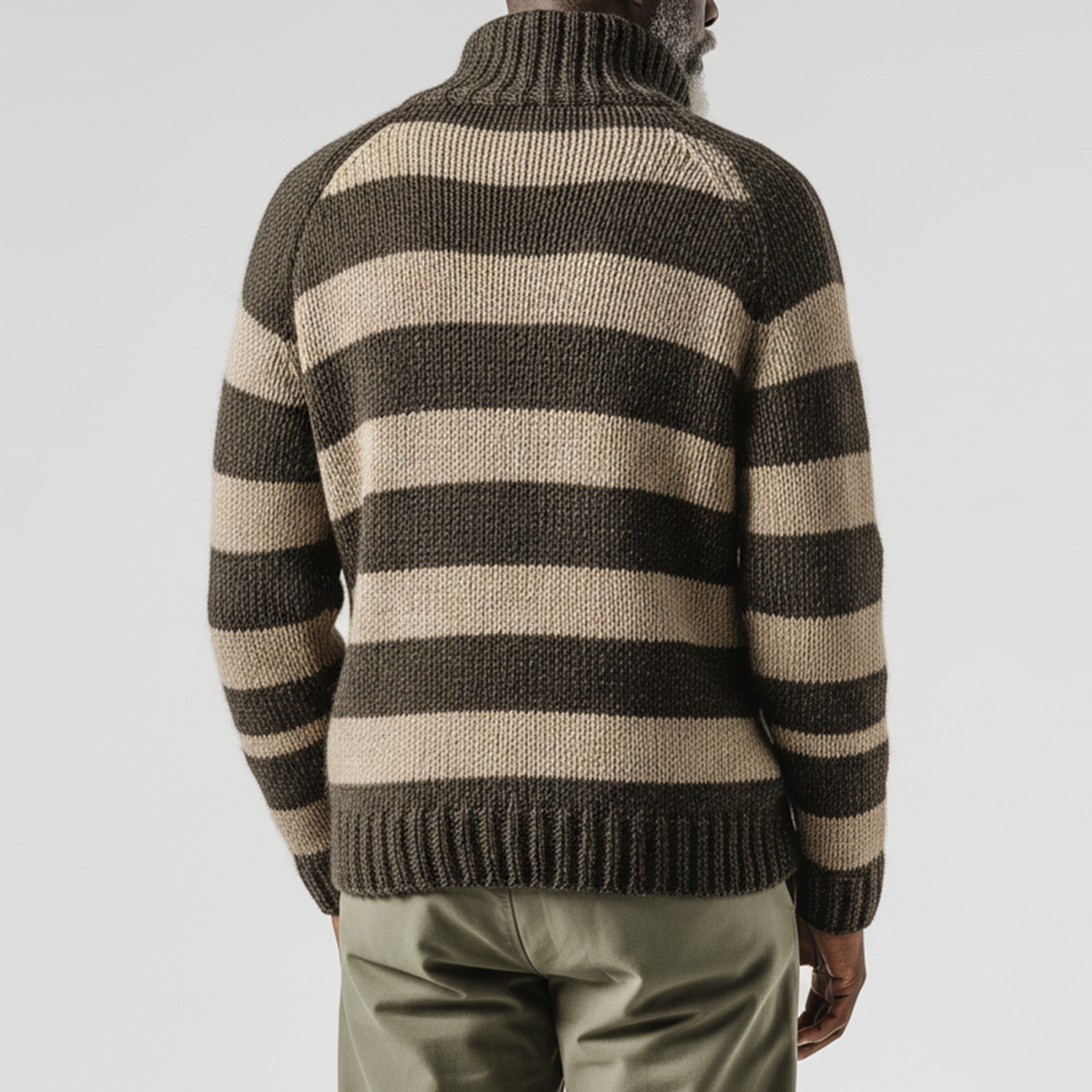 Men's Classic Casual Contrast Color Horizontal Striped Stand Collar Button Loose Sweater MTA2859I5K