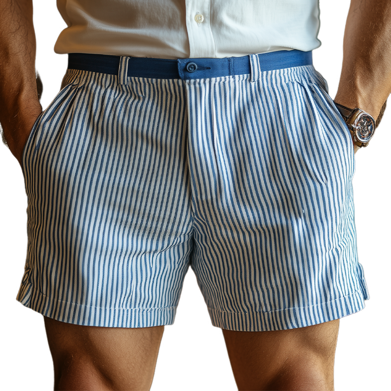 Men's Casual Fashion Blue And White Vertical Striped Cotton And Linen Shorts MTA0431F3K