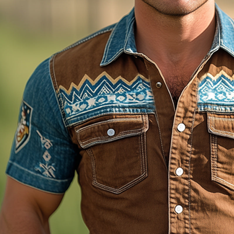 Men's Western Cowboy Style Vintage Printed Snap Button Denim Short Sleeve Shirt MTA1291E3U