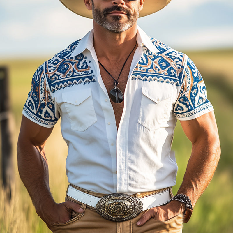 Men'S Western Cowboy Style Aztec Print Short Sleeve Shirt MTA1268E8U