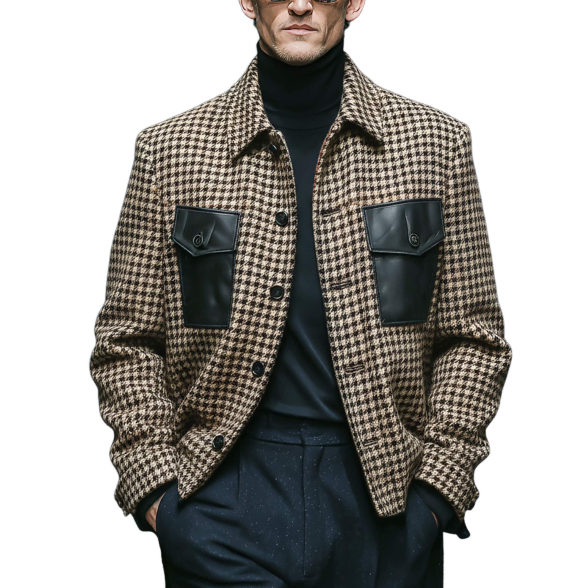 Men's Classic Retro Pocket Stitching PU Leather Lapel Faux Houndstooth Woolen Jacket MTA1109J0K
