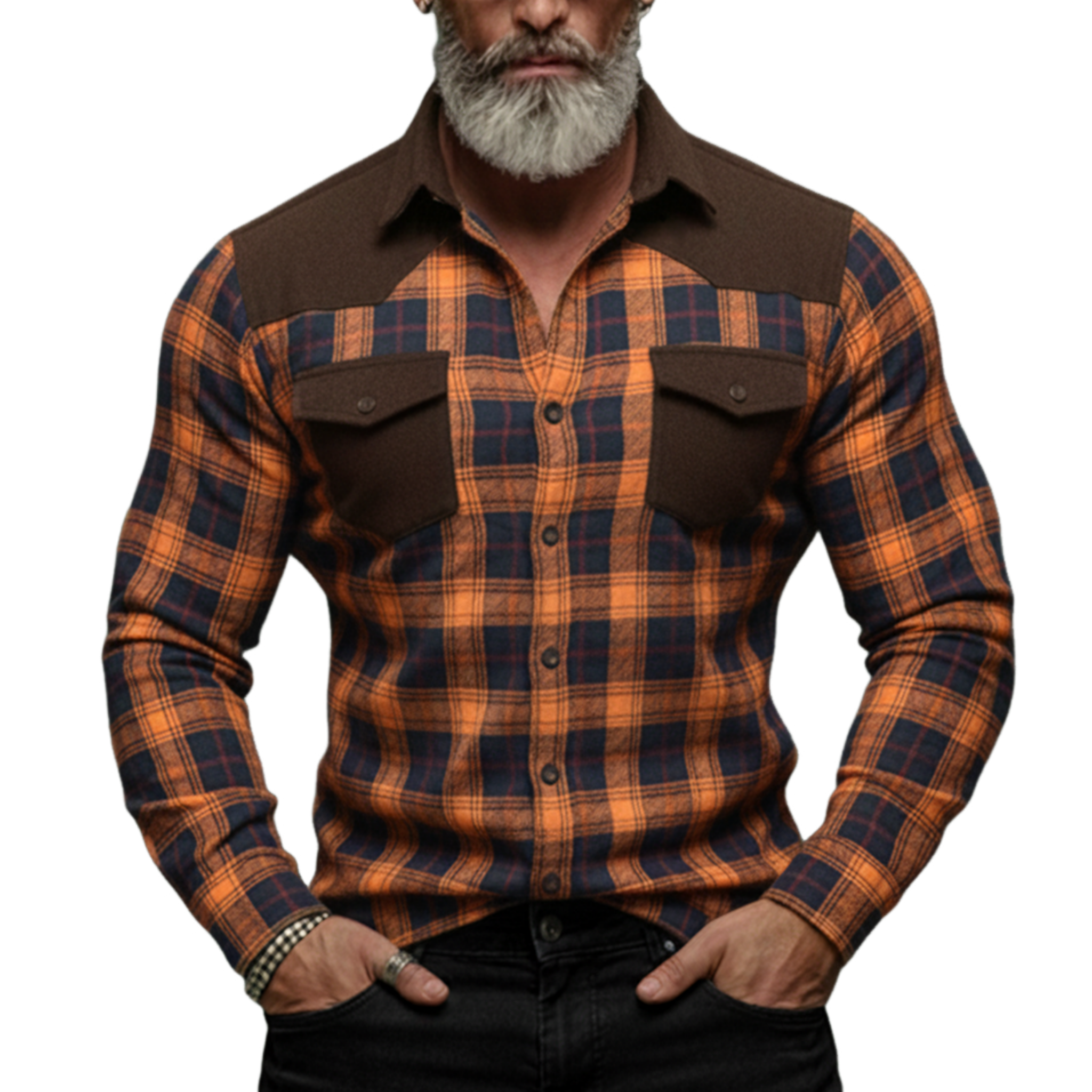 Men's Classic Casual Rugged Style Patchwork Faux Suede Slim-fit Plaid Brushed Long-sleeved Shirt MTA1370K5K