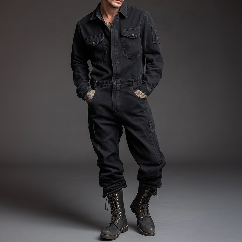 Men's Retro Casual Cotton Washed Lapel Long Sleeve Shirt Jumpsuit MTA0472H9TO