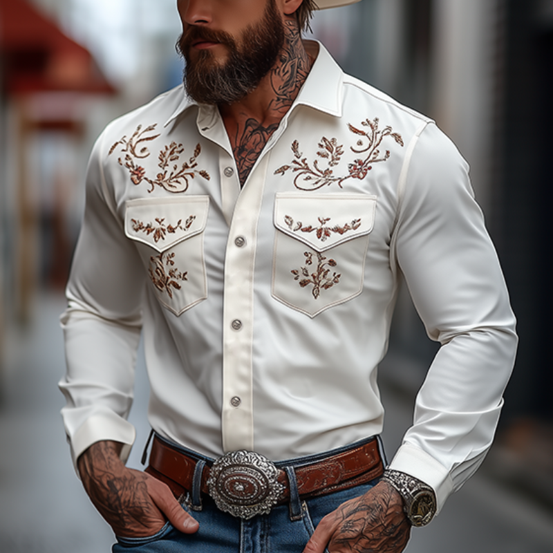 Men's Classic American Western Style Embroidered Slim Fit Cotton Long Sleeve Shirt 98153445K