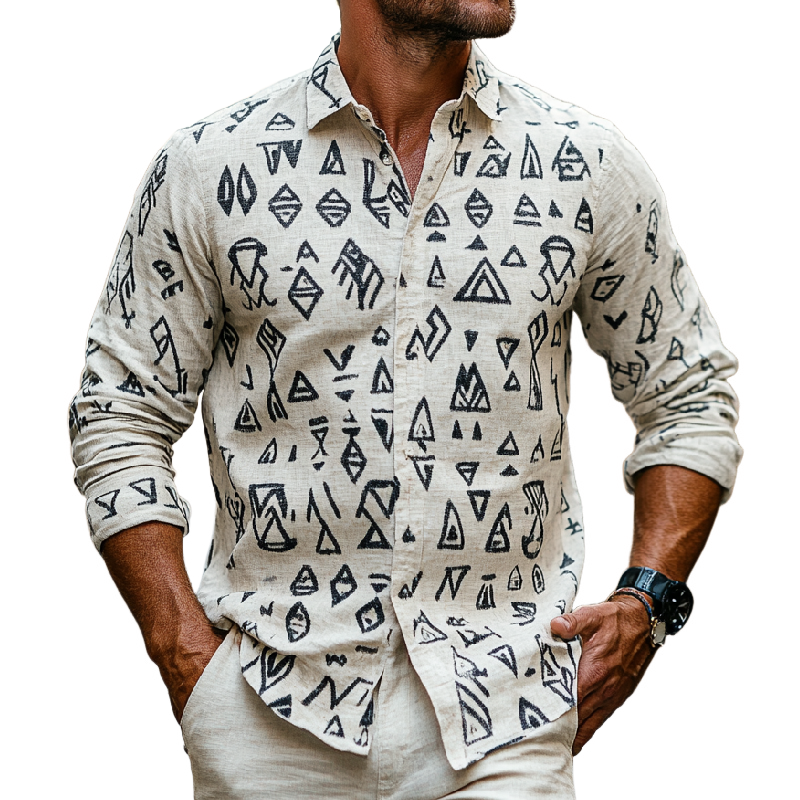 Men's Casual Lapel Cotton and Linen Printed Long Sleeve Shirt 52428114F