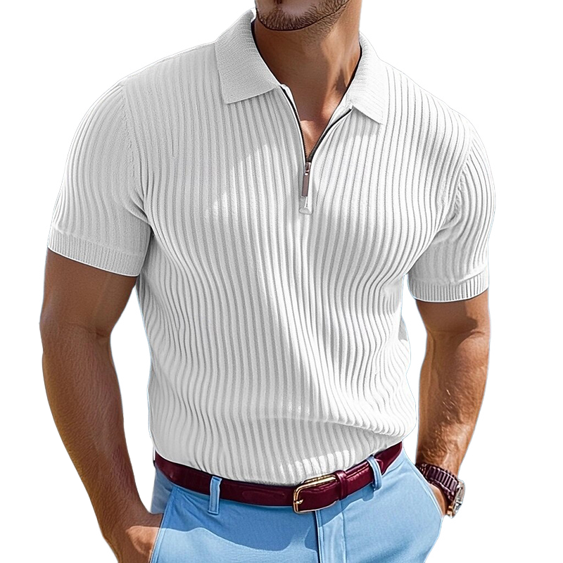 Men's Knitted Striped Zipper Short-sleeved POLO Shirt MTA1540G6X