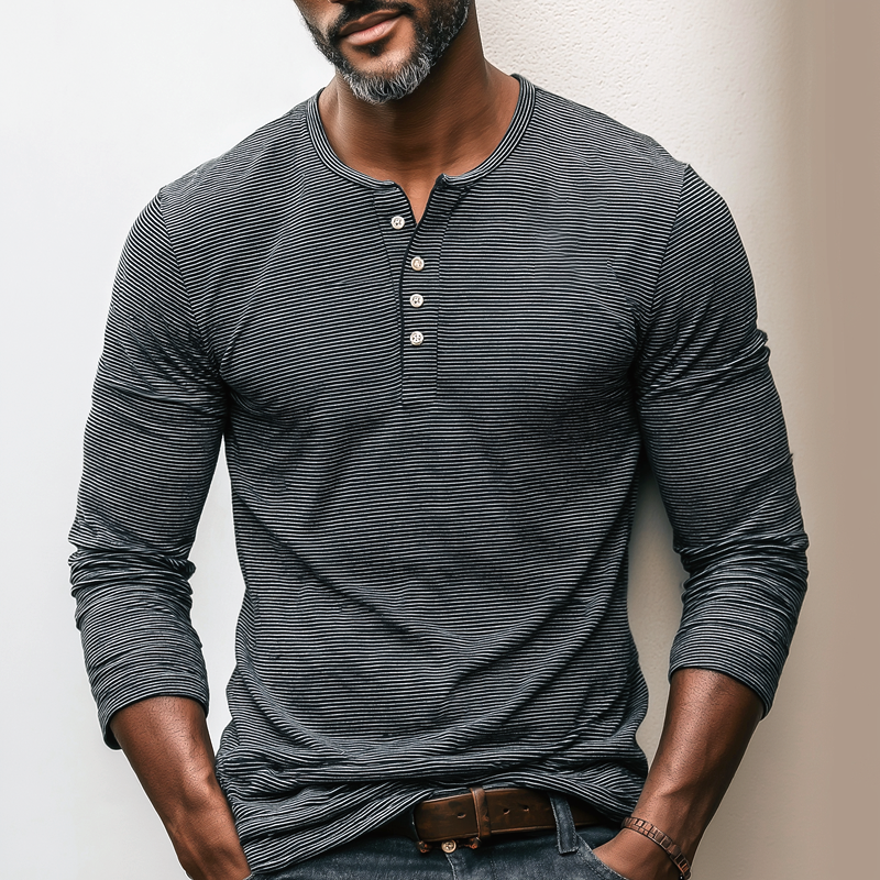 Men's Striped Henley Collar Long Sleeve T-shirt MTA2012H9Z