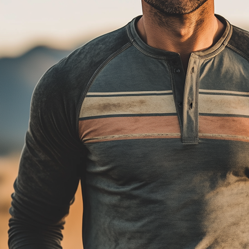 Men's Vintage Casual Distressed Striped Print Henley Neck Long Sleeve T-Shirt MTA3084G9TO